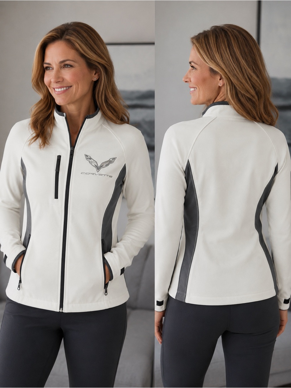 Woman’s White & Gray Performance Zip Jacket - Corvette Logo